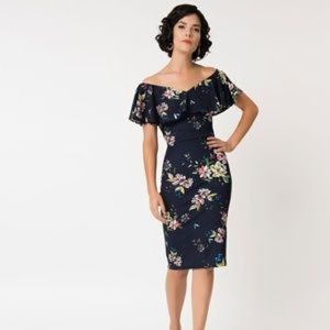 Unique Vintage Blue Floral Wiggle Dress